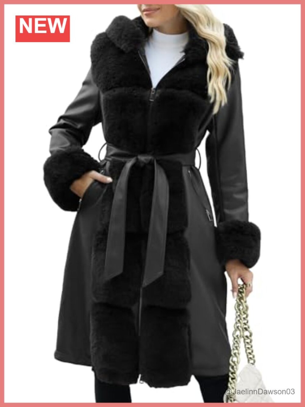 Faux Leather Hooded Parka Coat Furry Trim Belted Knee Length